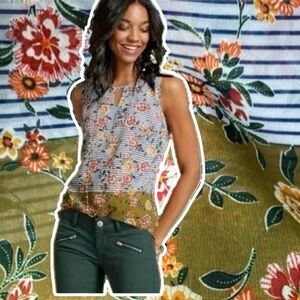 CABI Penelope Sleeveless Tunic Shell Top Blue Stripe Green Floral XS or S